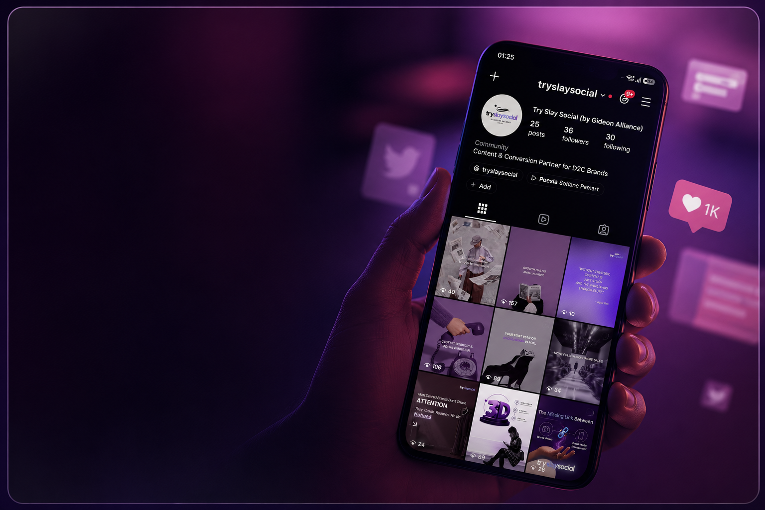 A smartphone showing branded social content for Try Slay Social.