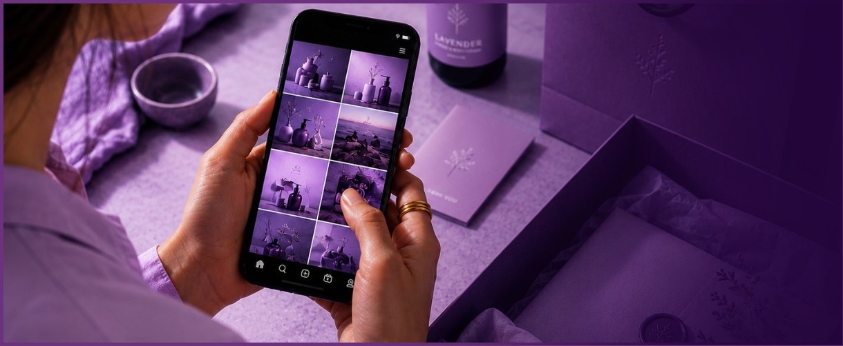 Hands holding a phone beside branded products, showing Try Slay Social marketing work.