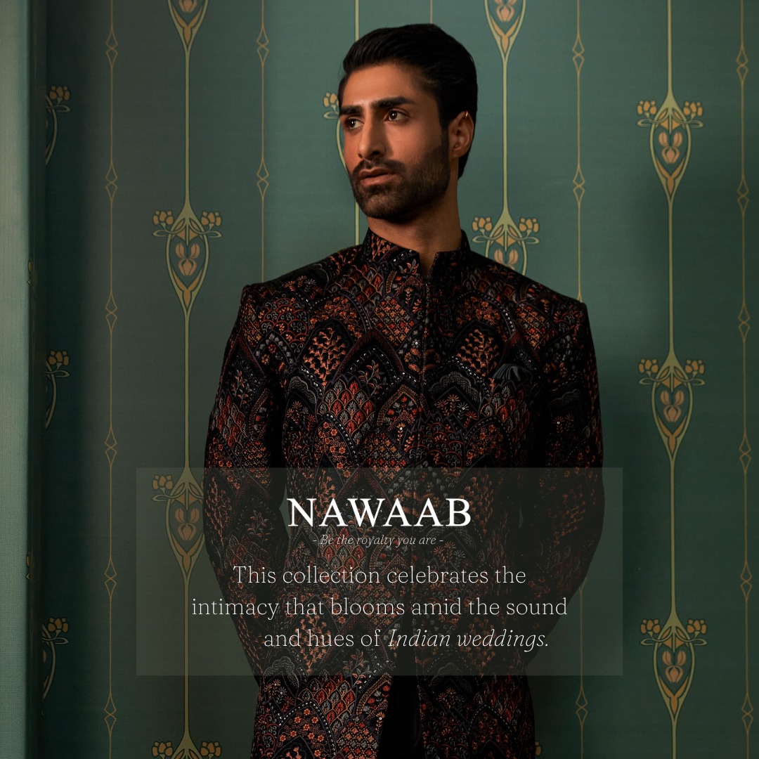 Nawaab Heritage campaign — embroidered bandhgala against heritage wallpaper