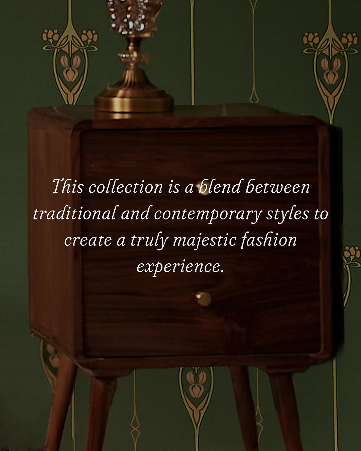 Dressage Inc. campaign interior — walnut cabinet and heritage wallpaper