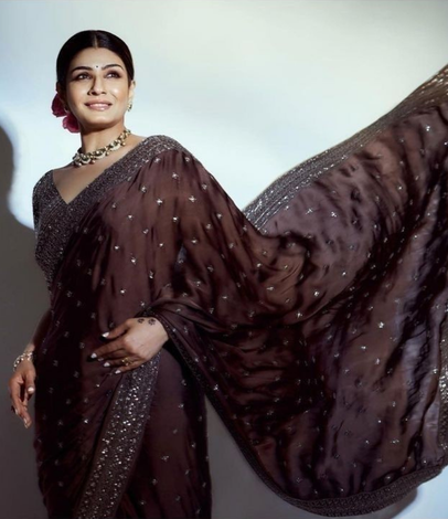 Celebrity styling — bronze organza saree, Megha & Jigar