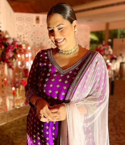 Celebrity styling — magenta banarasi saree, Megha & Jigar