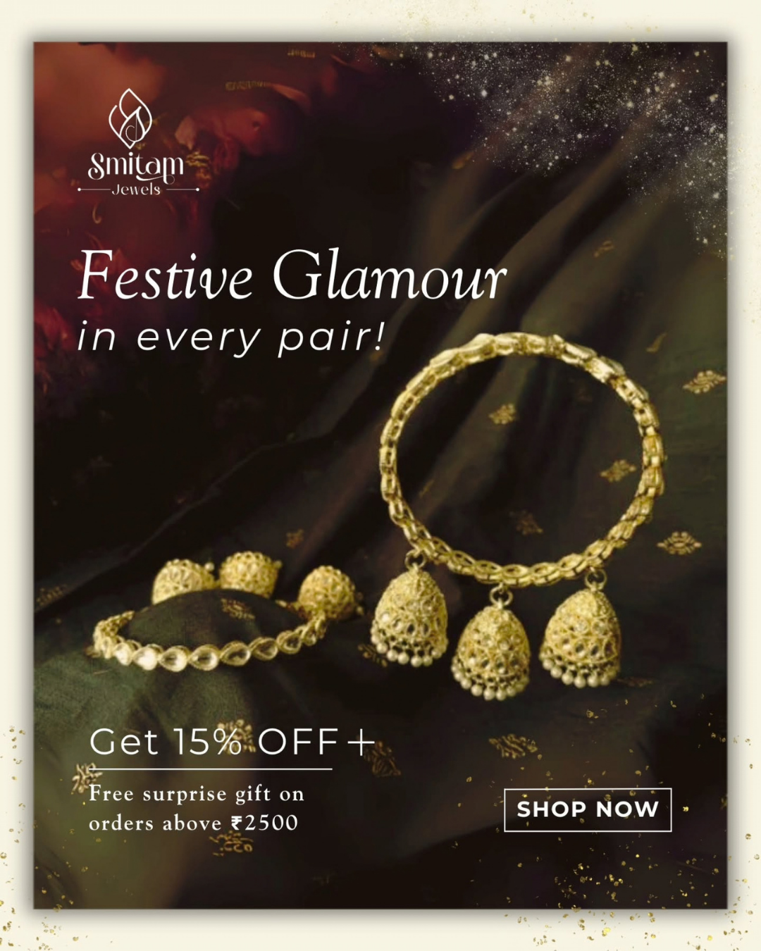 Festive Glamour campaign creative — bangles and jhumkas on silk
