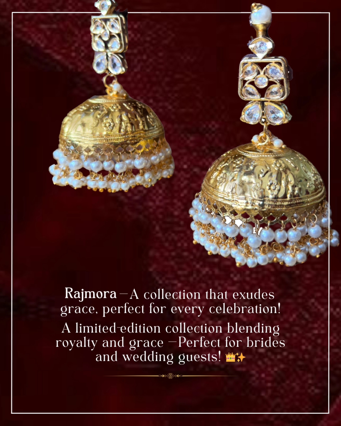Rajmora collection creative — pearl-drop jhumkas