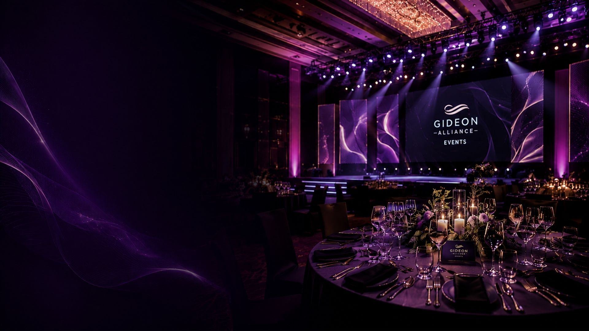 Gideon Alliance Events ballroom stage with purple lighting and dressed banquet tables